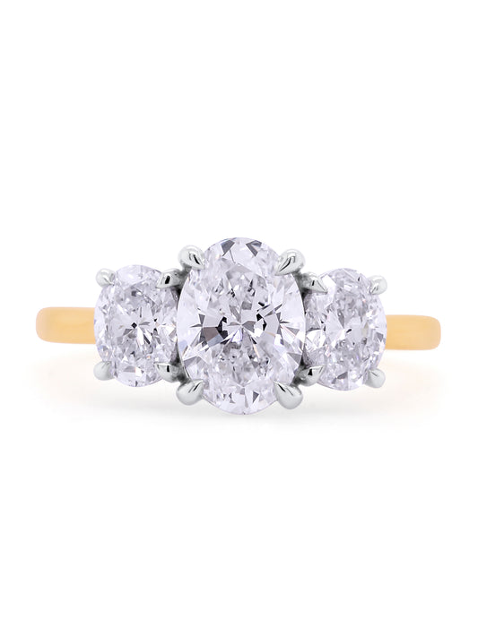 Lab Grown Oval Diamond Trilogy. 18 Carat Yellow & White Gold
