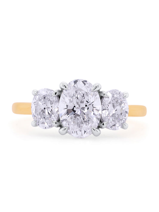 Lab Grown Oval Diamond Trilogy. 18 Carat Yellow & White Gold