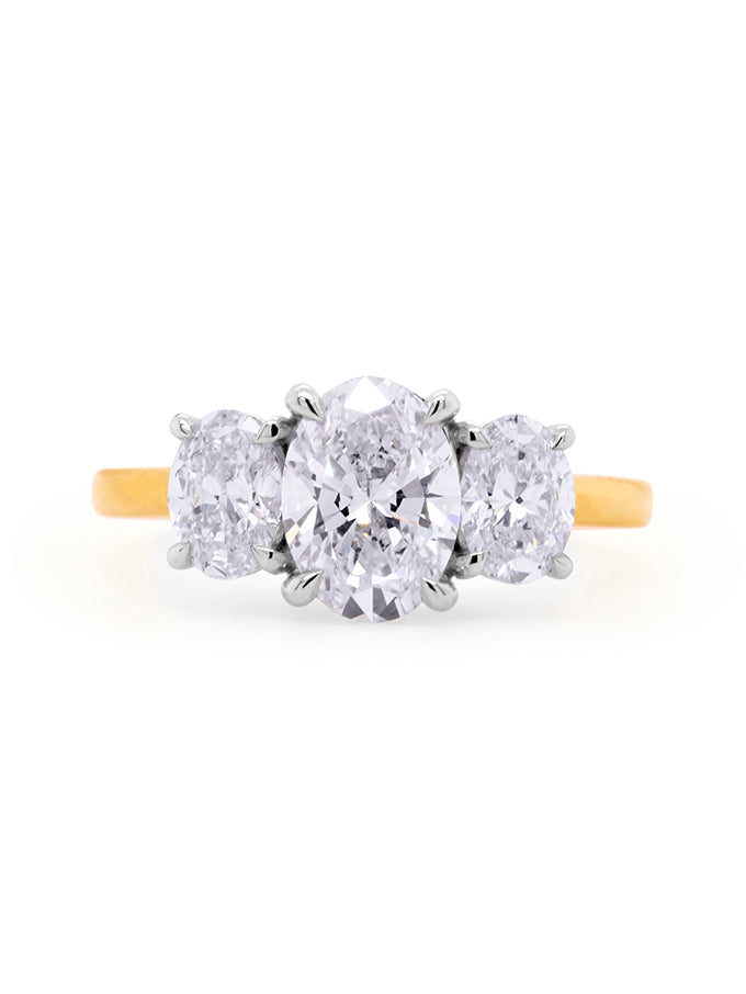 Lab Grown Oval Diamond Trilogy. 18 Carat Yellow & White Gold