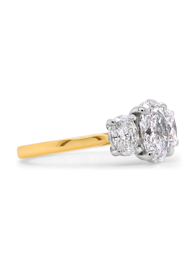 Lab Grown Oval Diamond Trilogy in 18 Carat Yellow & White Gold