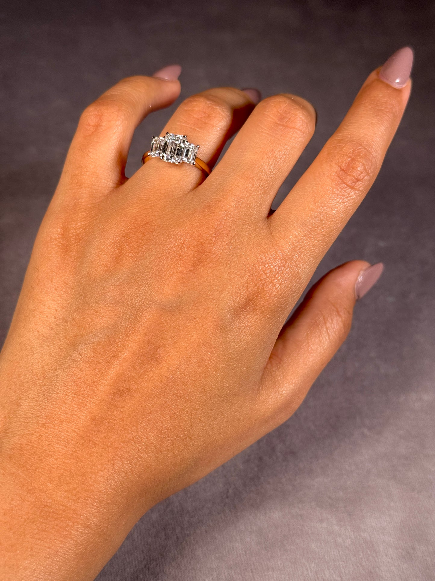 Lab Grown 2.50 Carat Emerald Cut Diamond Trilogy Ring, 18K Yellow Gold