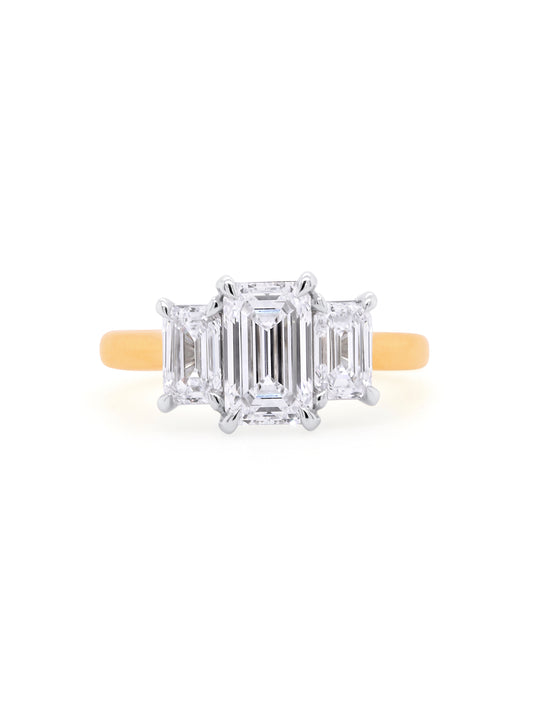 Lab Grown 2.50 Carat Emerald Cut Diamond Trilogy Ring, 18K Yellow Gold