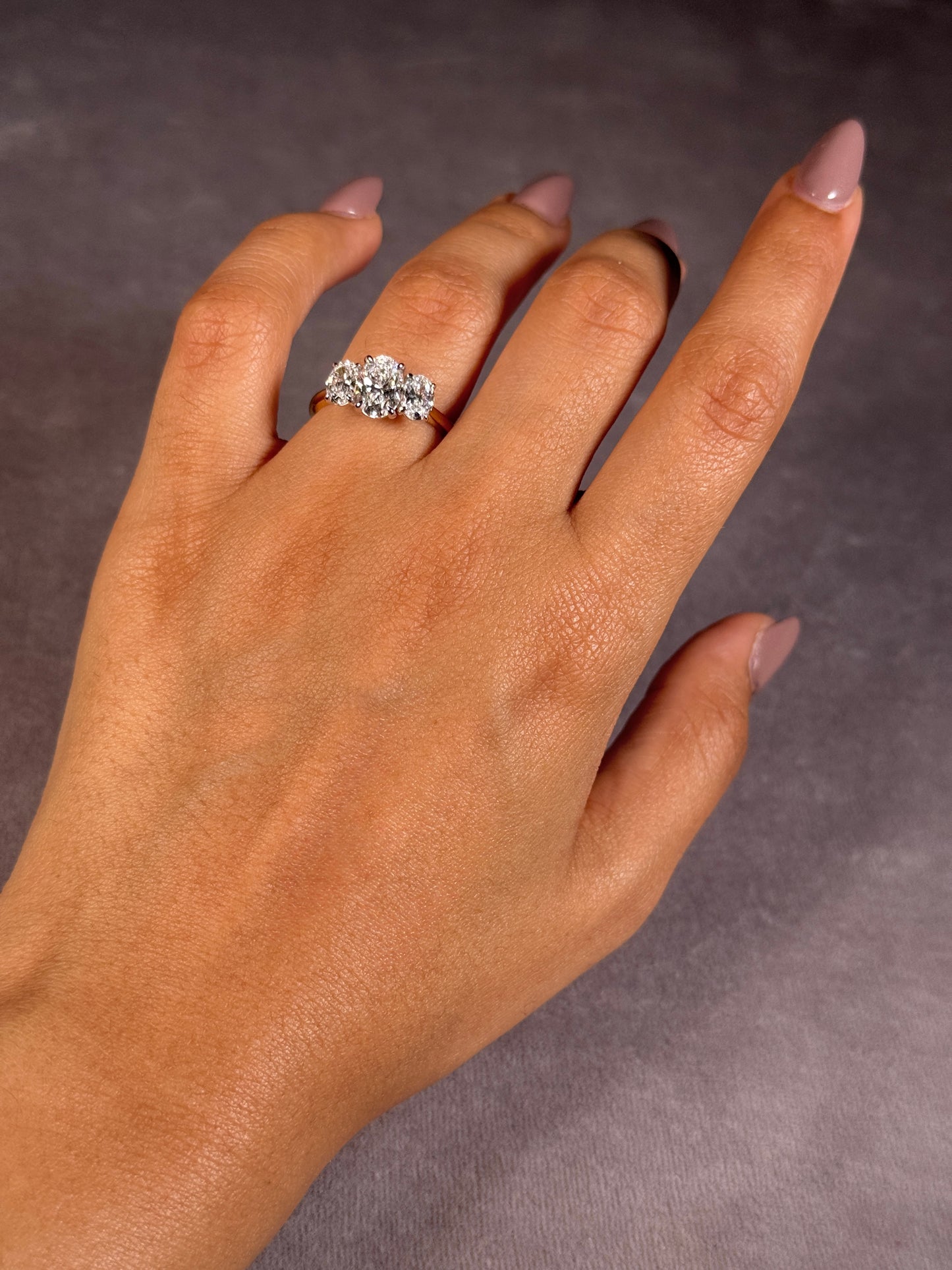 Lab Grown Oval Diamond Trilogy in 18 Carat Yellow & White Gold