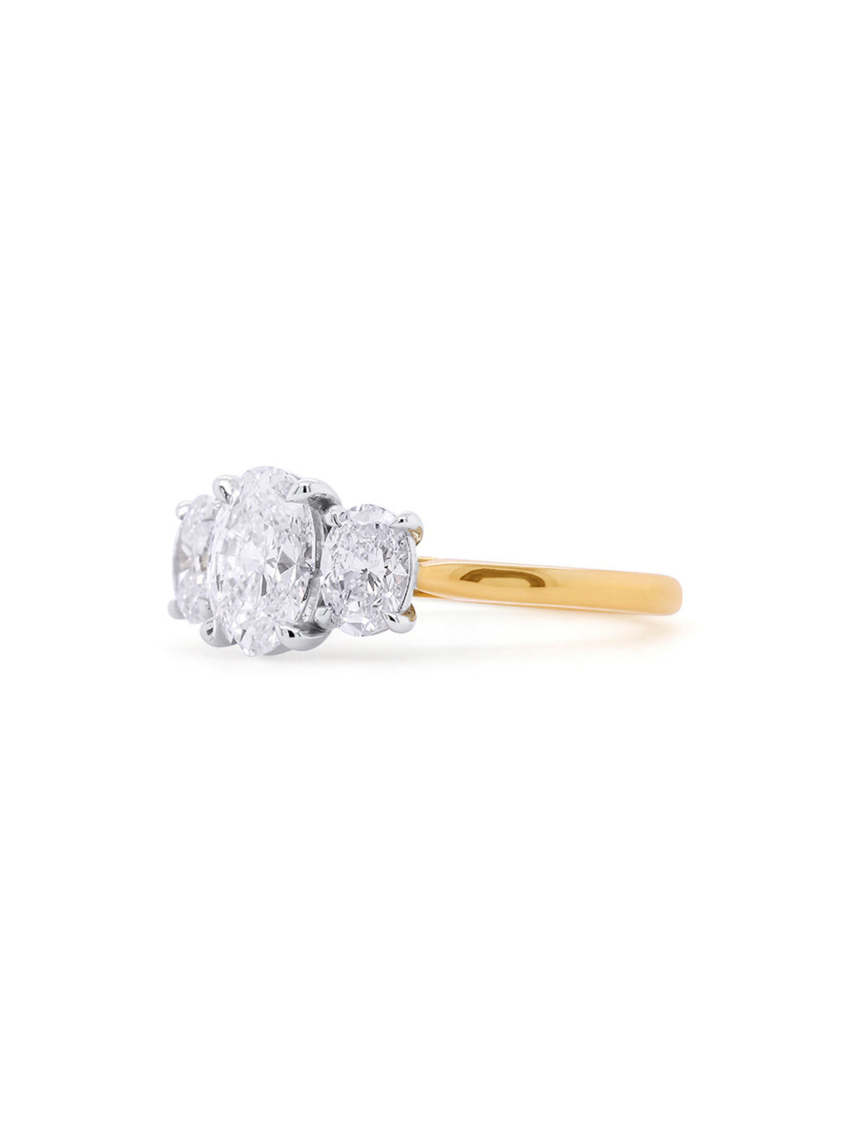 Lab Grown Oval Diamond Trilogy. 18 Carat Yellow & White Gold
