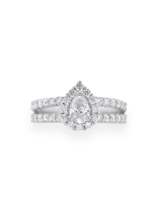 0.50ct Pear Cut Centre, 36=1.08ct RBC Diamonds, 18K White Gold Ring.
