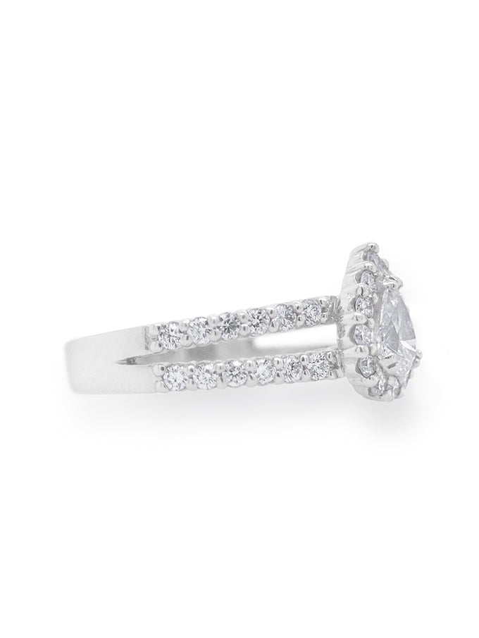 0.50ct Pear Cut Centre, 36=1.08ct RBC Diamonds, 18K White Gold Ring.