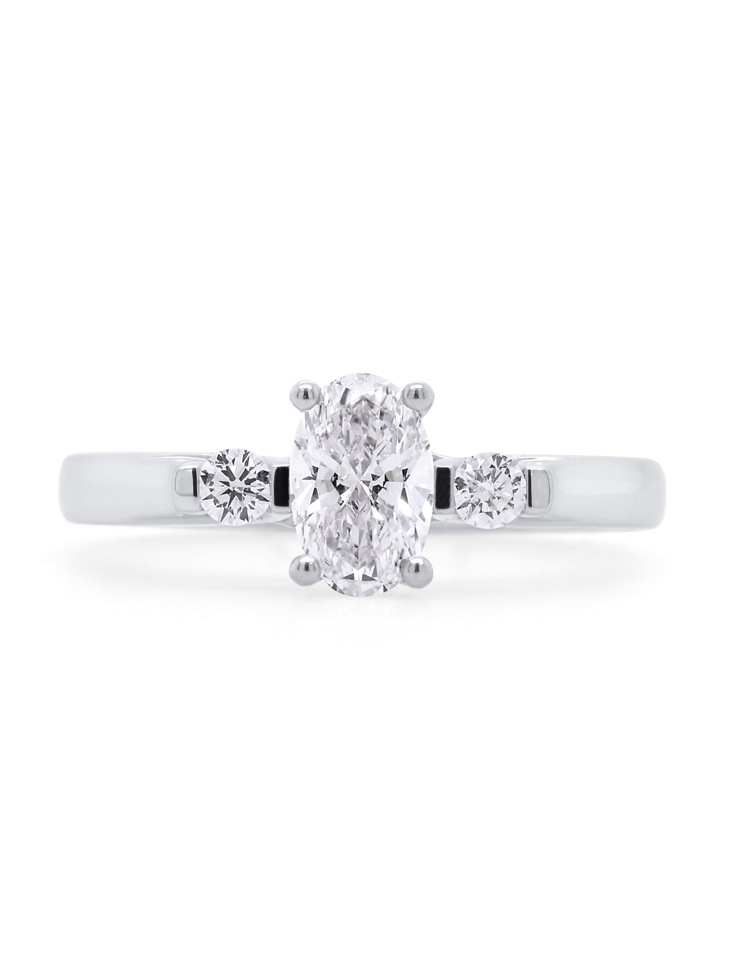 Trilogy Oval Diamond Ring, T=0.83 Carat, 18 Carat White Gold.