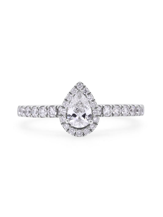 0.55 Carat Pear Halo Diamond, 18K White Gold Ring