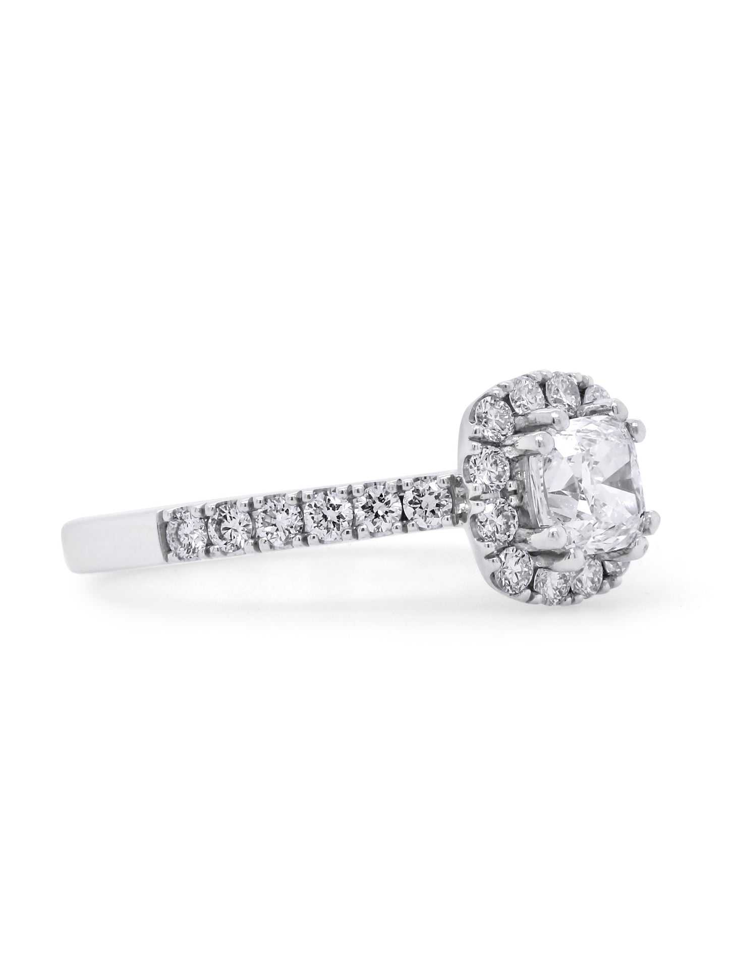 Cushion Cut Diamond Halo Ring, T=1.34 Carat, 18 Carat White Gold.