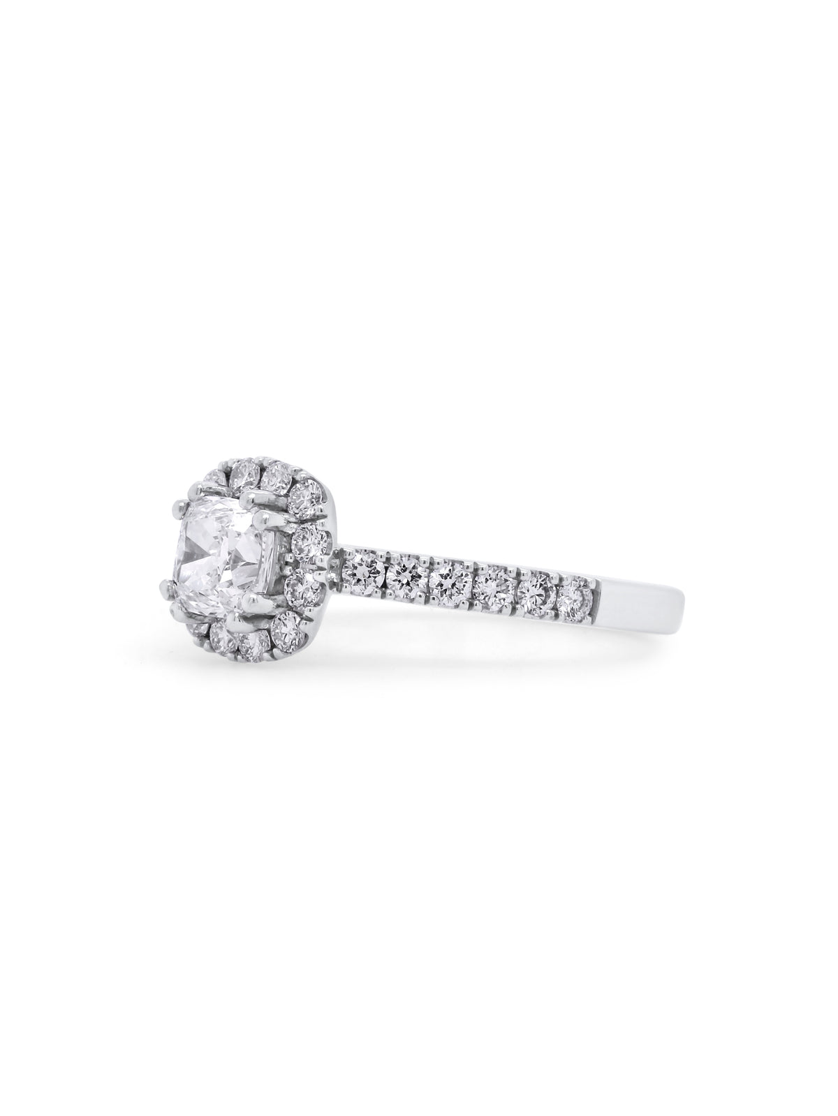 Cushion Cut Diamond Halo Ring, T=1.34 Carat, 18 Carat White Gold.