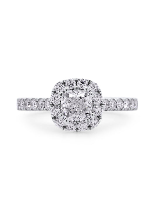 Cushion Cut Diamond Halo Ring, T=1.34 Carat, 18 Carat White Gold.