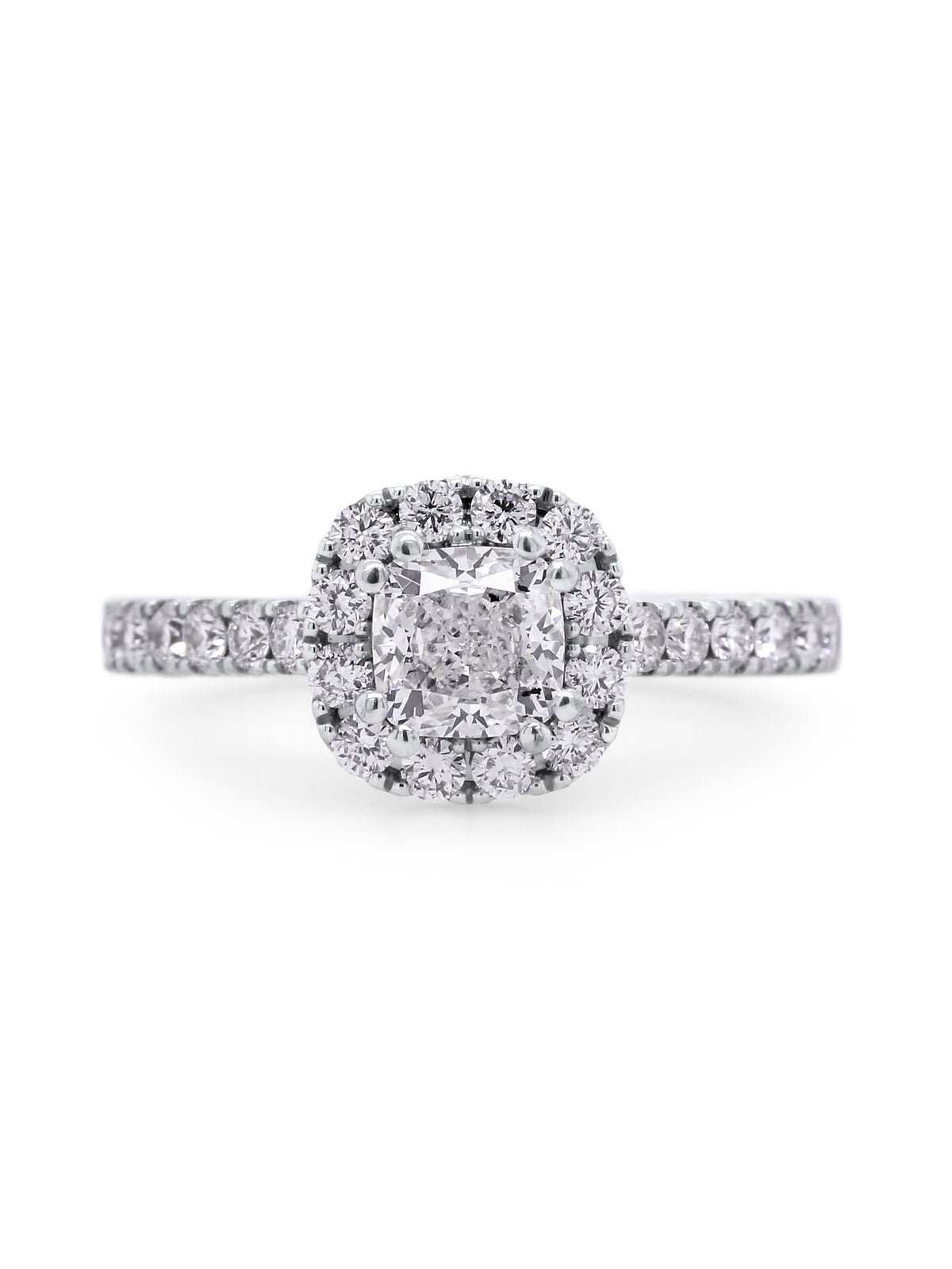 Cushion Cut Diamond Halo Ring, T=1.34 Carat, 18 Carat White Gold.