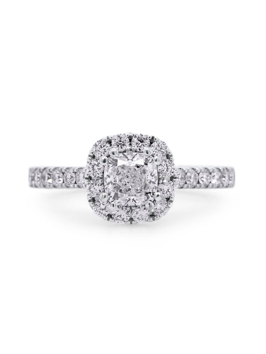 Cushion Cut Diamond Halo Ring, T=1.34 Carat, 18 Carat White Gold.