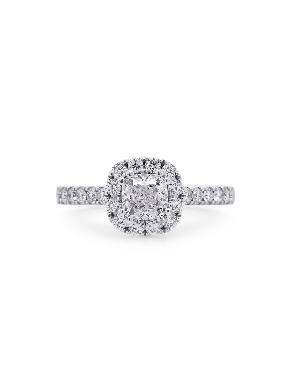 Cushion Cut Diamond Halo Ring, T=1.34 Carat, 18 Carat White Gold.