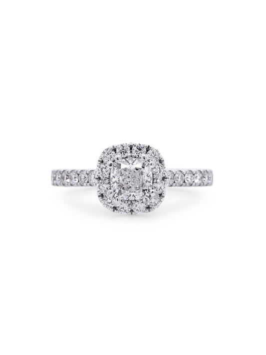 Cushion Cut Diamond Halo Ring, T=1.34 Carat, 18 Carat White Gold.