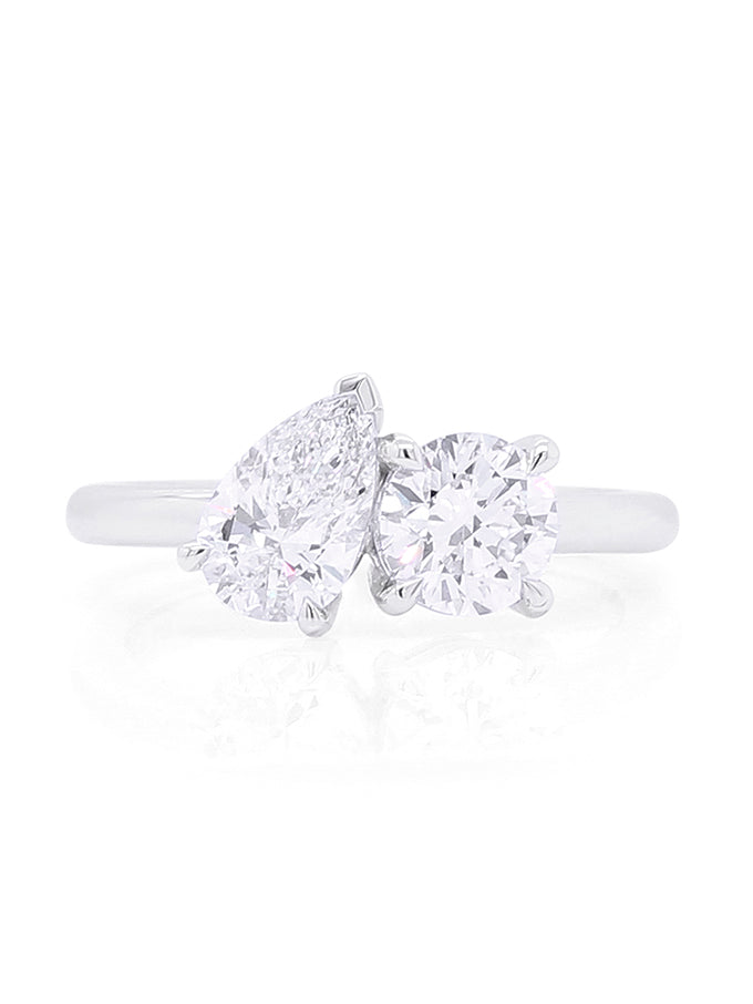 Lab Grown 2.00 Carat Pear & RBC Diamond Ring, 18K White Gold