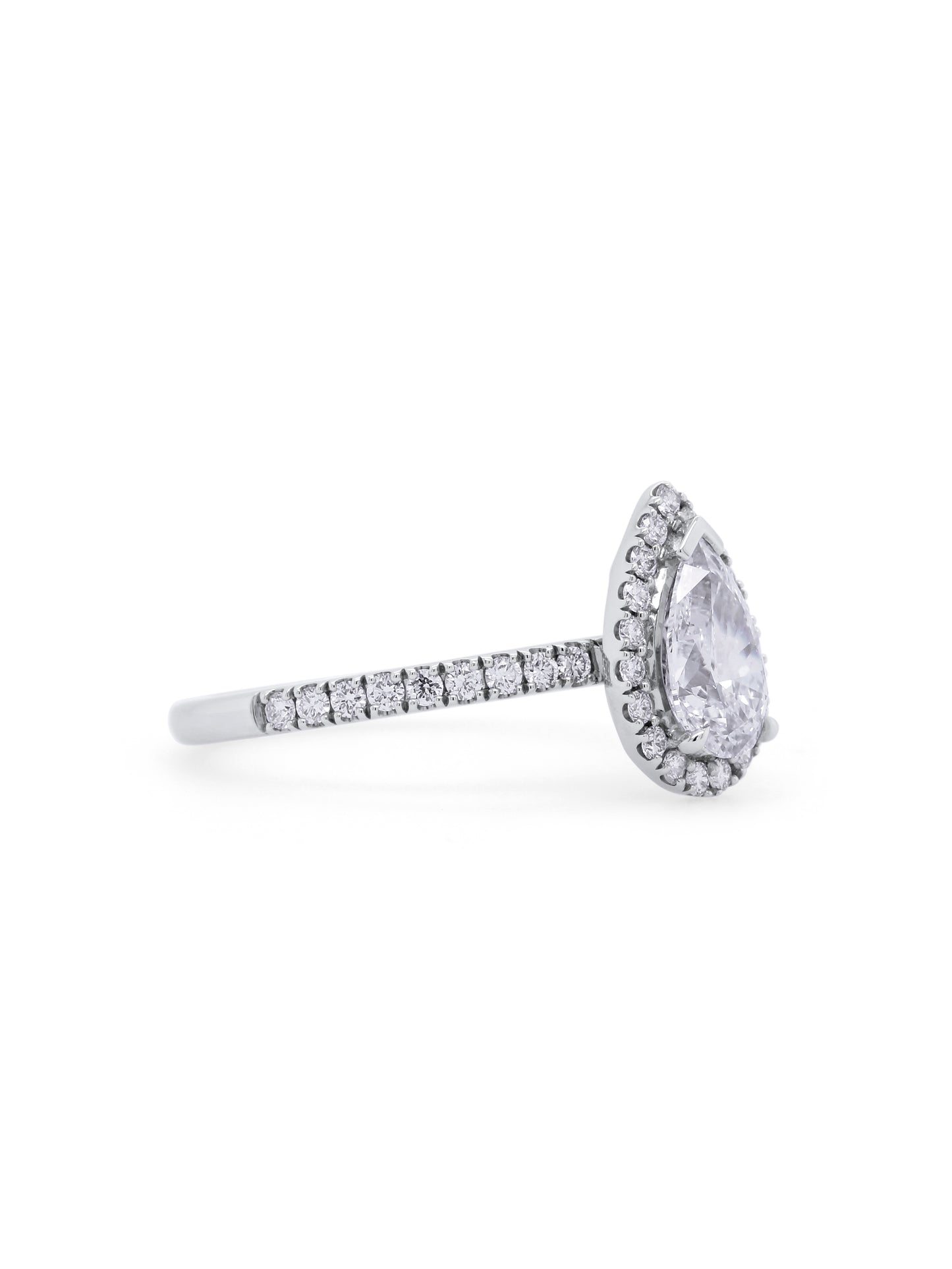 Lab Grown Pear Halo Diamond Ring in 18 Carat White Gold, T=1.39Ct
