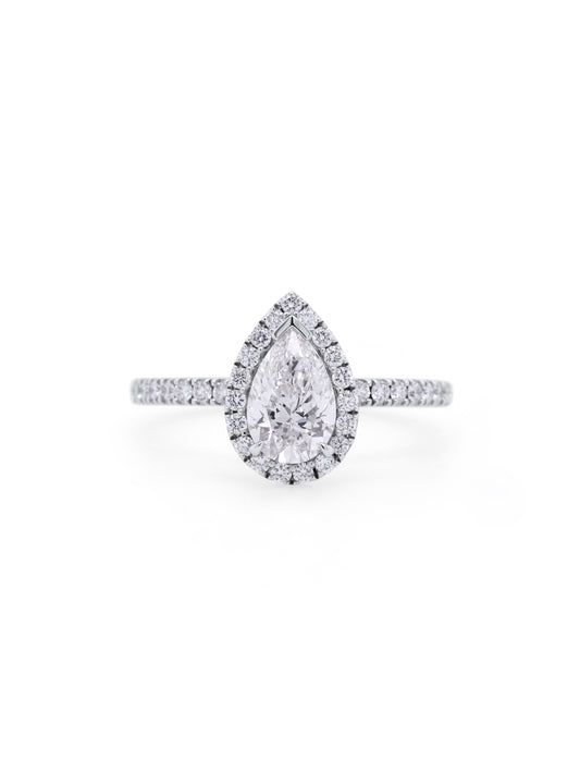 Lab Grown Pear Halo Diamond Ring in 18 Carat White Gold, T=1.39Ct