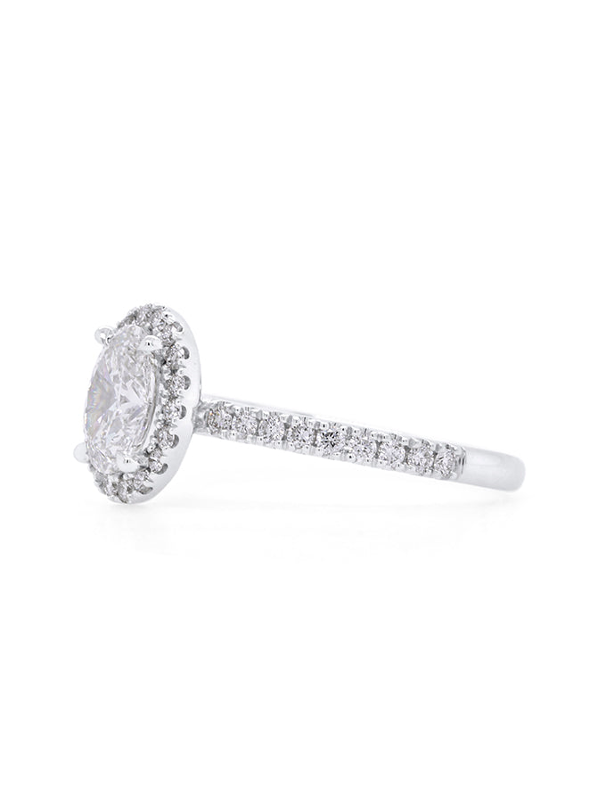 Lab Grown Oval Halo Diamond Ring in 18 Carat White Gold, T=1.43ct.