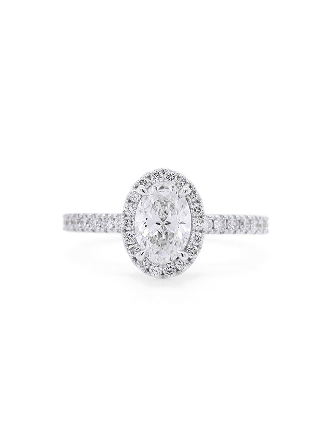 Lab Grown Oval Halo Diamond Ring in 18 Carat White Gold, T=1.43ct.
