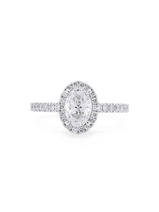 Lab Grown Oval Halo Diamond Ring in 18 Carat White Gold, T=1.43ct.