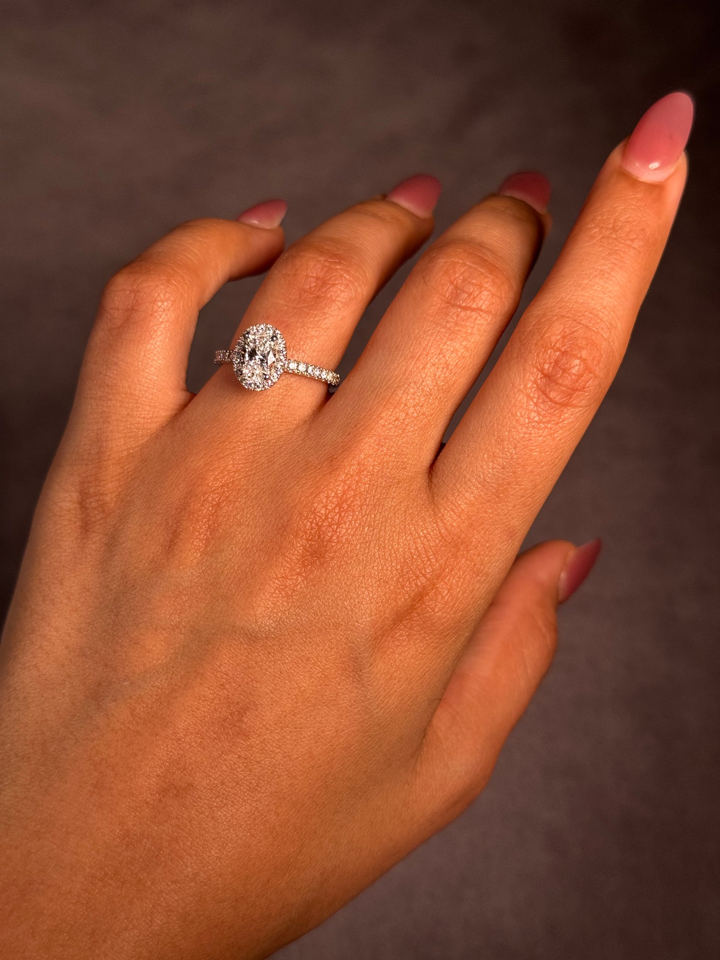 Lab Grown Oval Halo Diamond Ring in 18 Carat White Gold, T=1.43ct.