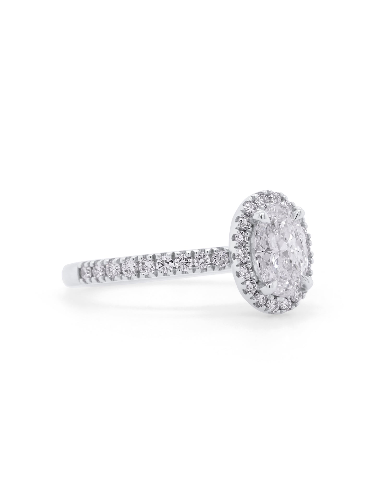 Lab Grown Oval Halo Diamond Ring in 18 Carat White Gold, T=1.43ct.
