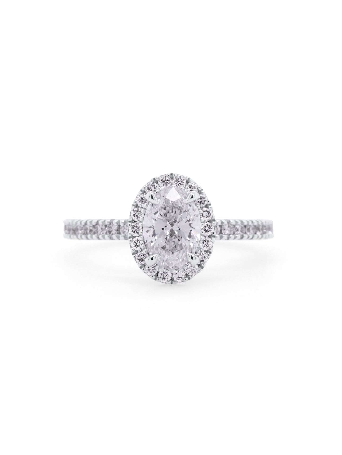 Lab Grown Oval Halo Diamond Ring in 18 Carat White Gold, T=1.43ct.