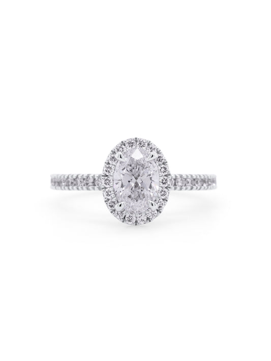 Lab Grown Oval Halo Diamond Ring in 18 Carat White Gold, T=1.43ct.