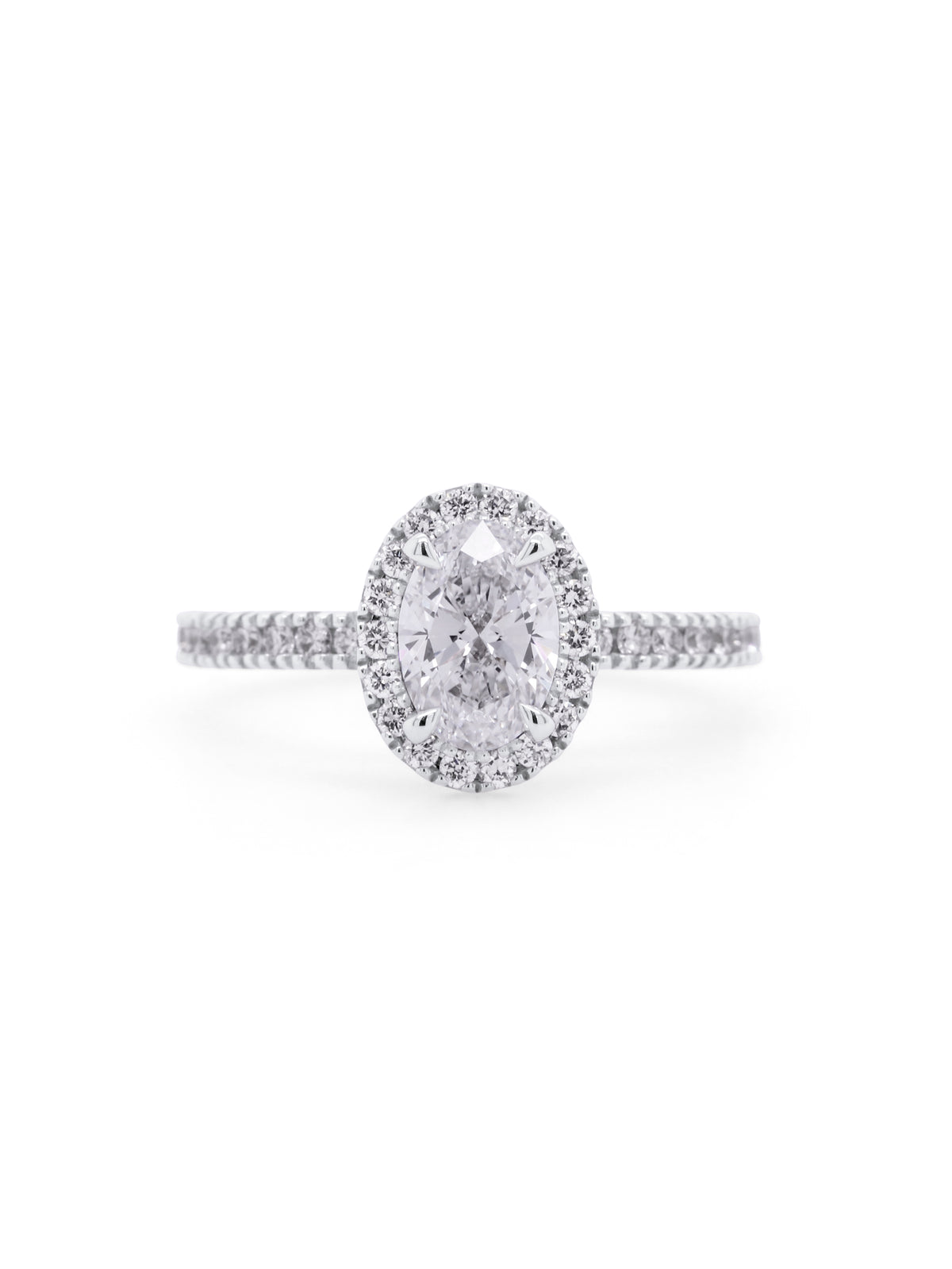 Lab Grown Oval Halo Diamond Ring in 18 Carat White Gold, T=1.45ct.