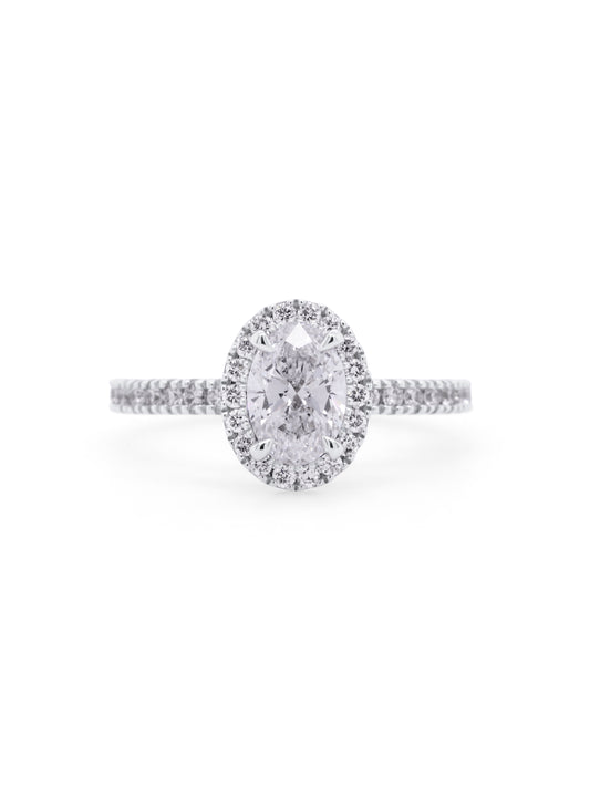 Lab Grown Oval Halo Diamond Ring in 18 Carat White Gold, T=1.43ct.