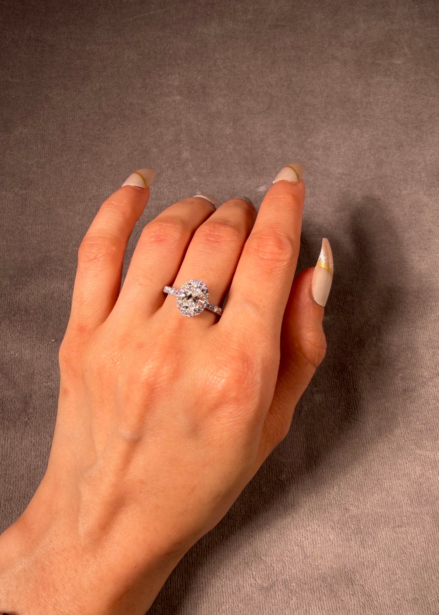 Lab Grown Oval Halo Diamond Ring in 18 Carat White Gold, T=1.43ct.