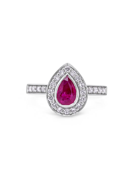 Pear Cut Natural Ruby & Diamond Ring, 18K Yellow & White Gold.