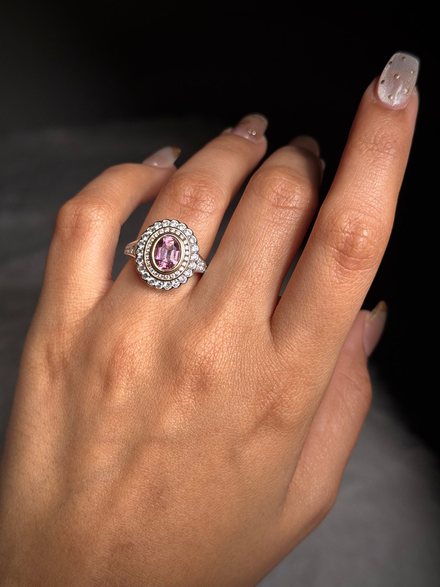 Georges Guillaume Oval Pink Spinel and Diamond Set Ring in 18k YG.