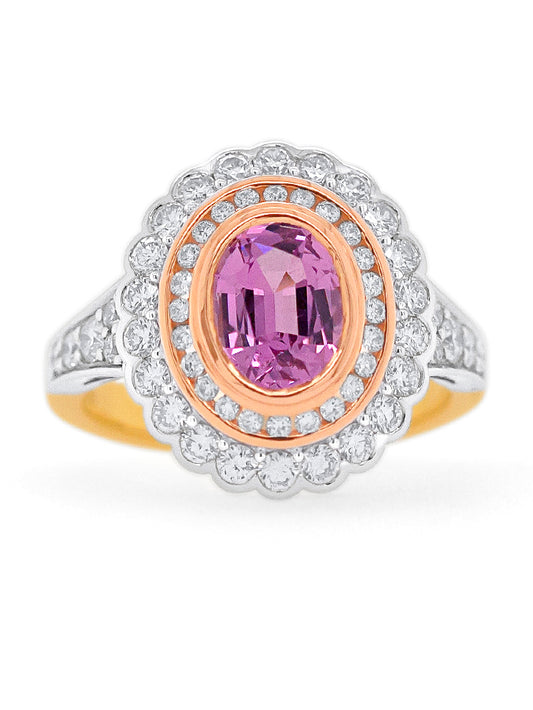 Georges Guillaume Oval Pink Spinel and Diamond Set Ring in 18k YG.