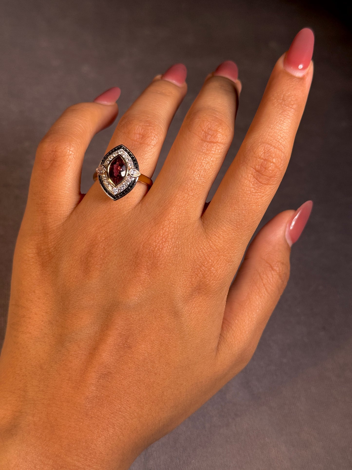 Georges Guillaume 10x6m Tourmaline & Diamond Ring, 18K YWRG DT=0.79ct.