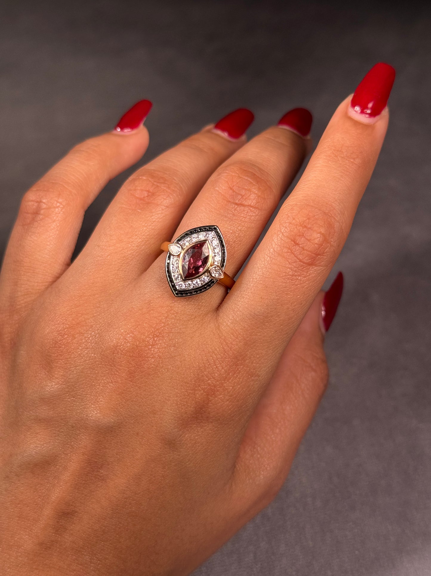 Georges Guillaume 10x6m Tourmaline & Diamond Ring, 18K YWRG DT=0.79ct.