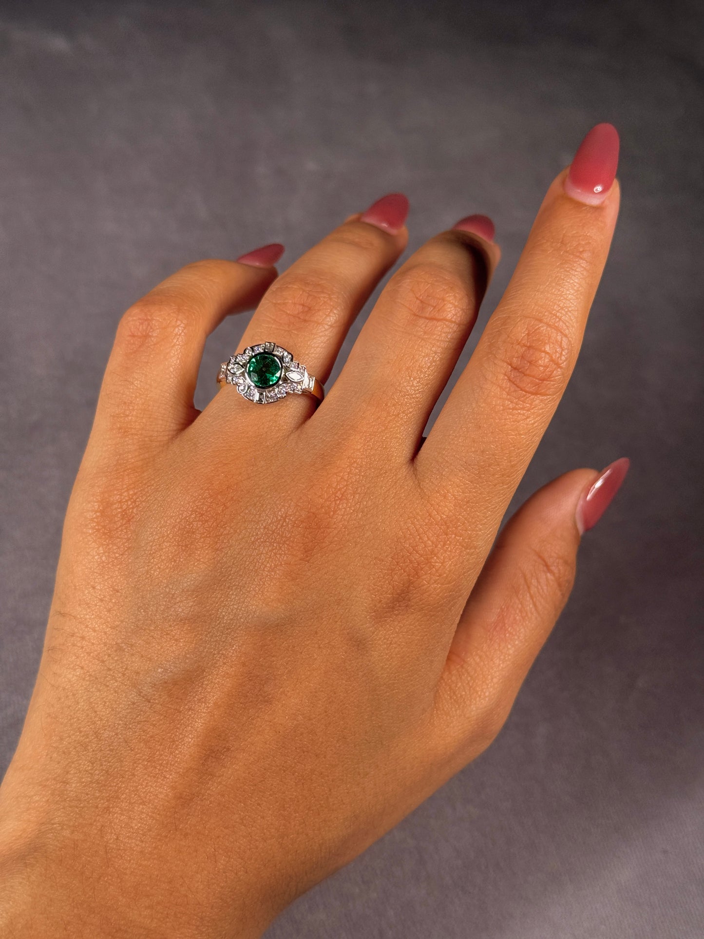 Natural Emerald & Diamond Bezel Set Ring in 18K White and Yellow Gold.