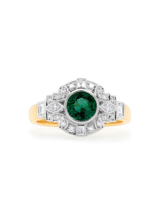 Natural Emerald & Diamond Bezel Set Ring in 18K White and Yellow Gold.