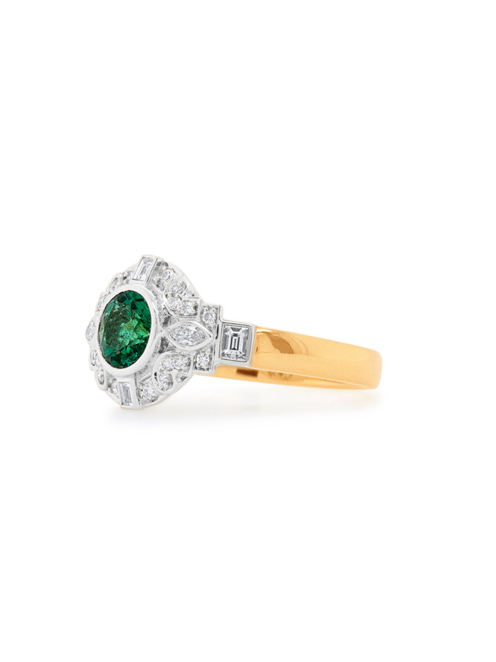 Natural Emerald & Diamond Bezel Set Ring in 18K White and Yellow Gold.
