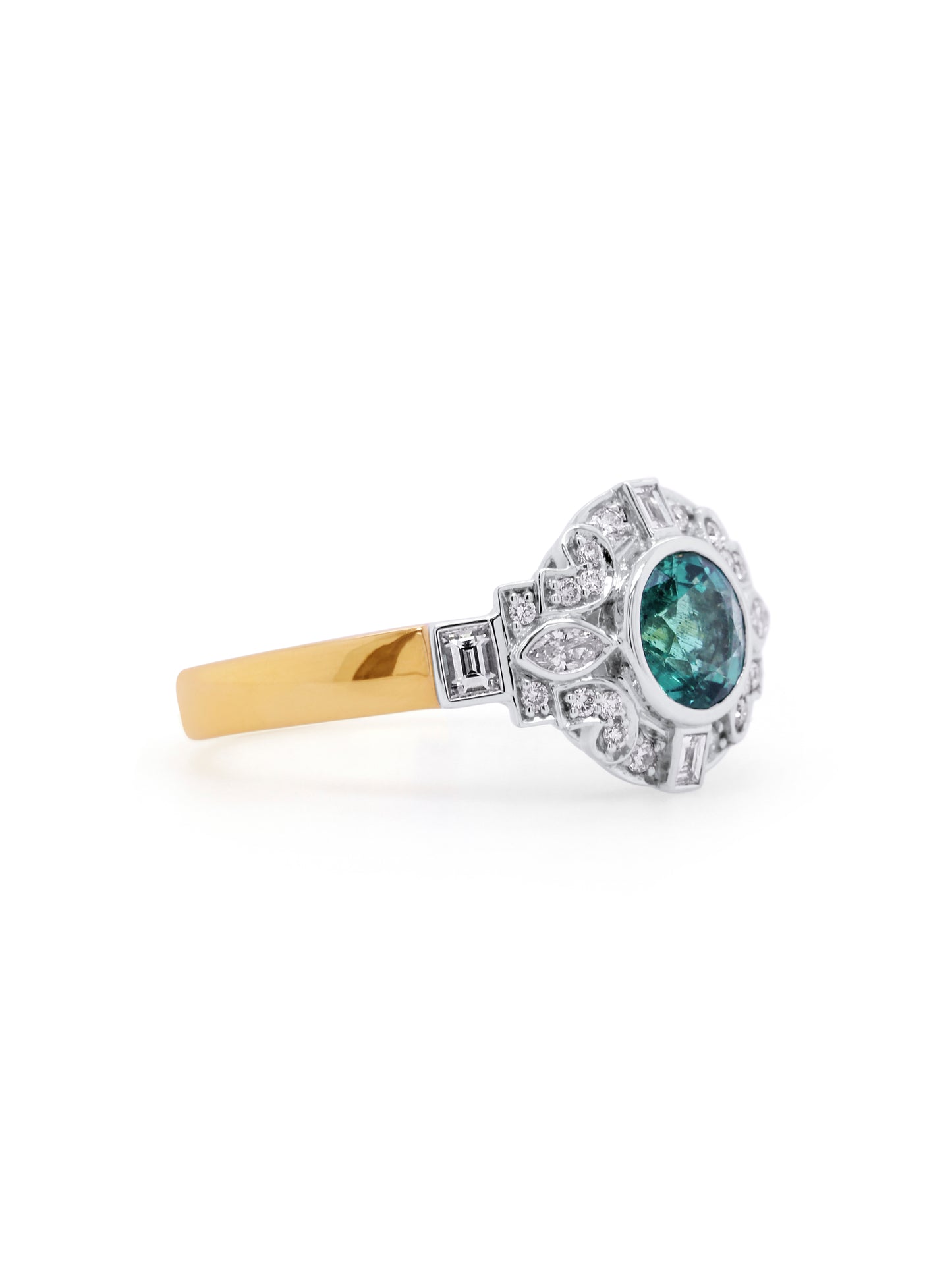 Natural Emerald & Diamond Bezel Set Ring in 18K White and Yellow Gold.
