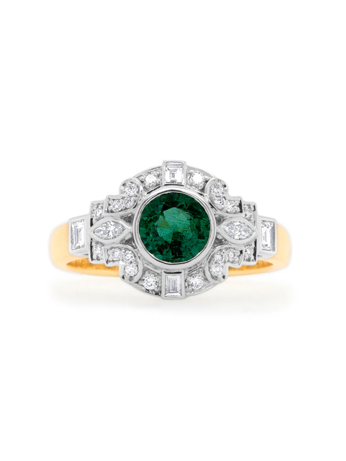Natural Emerald & Diamond Bezel Set Ring in 18K White and Yellow Gold.