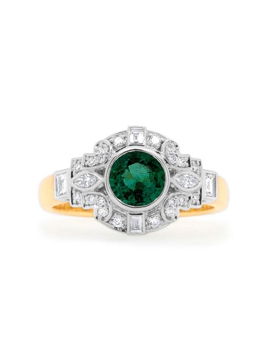 Natural Emerald & Diamond Bezel Set Ring in 18K White and Yellow Gold.