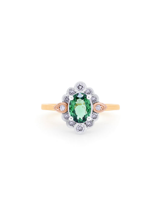 Tsavorite Garnet & Diamonds set in 18K Yellow White & Rose Gold.