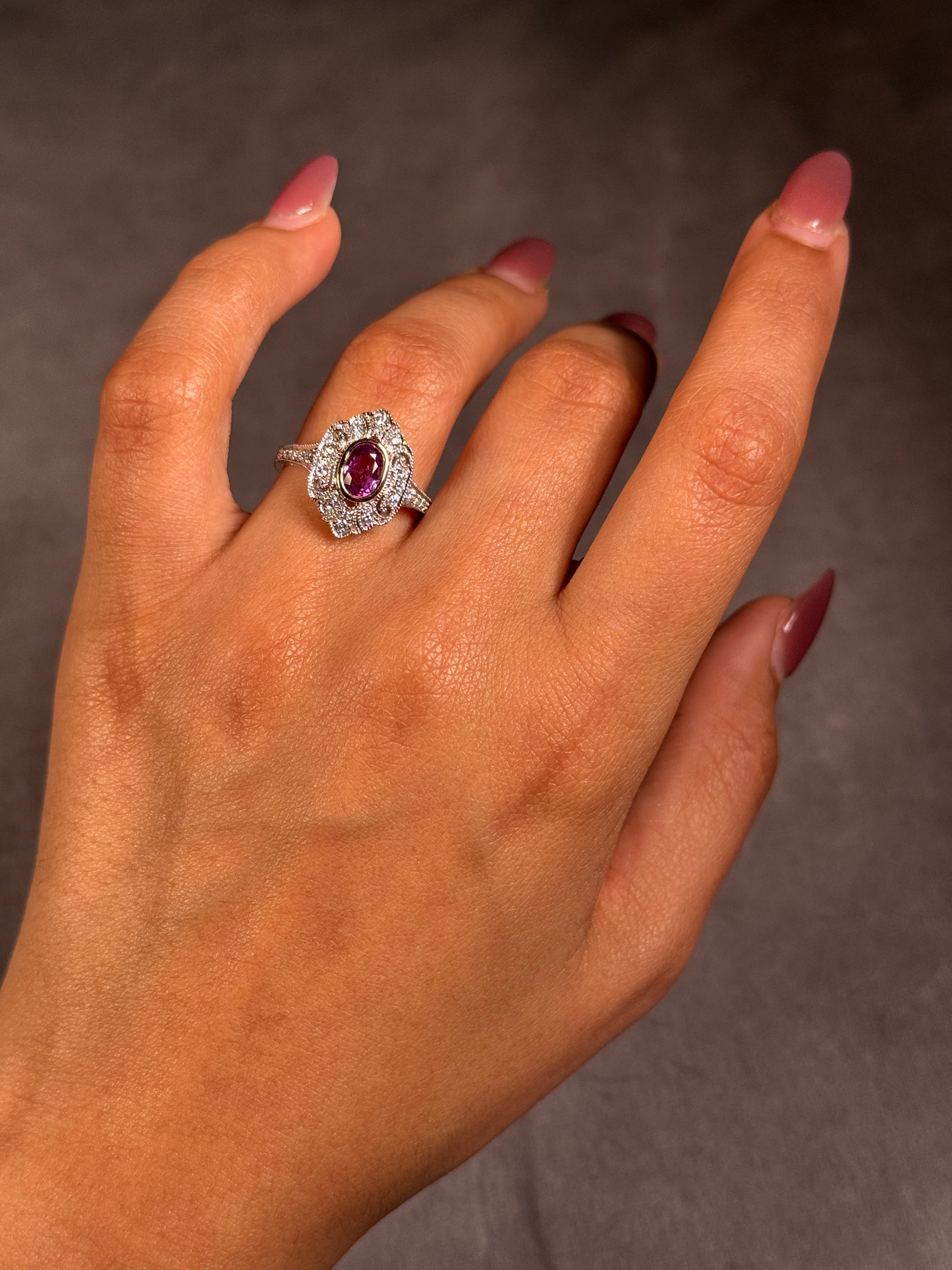 Pink Sapphire & Diamond Set Yellow Rose White Gold, S=1.11ct D=0.33ct.