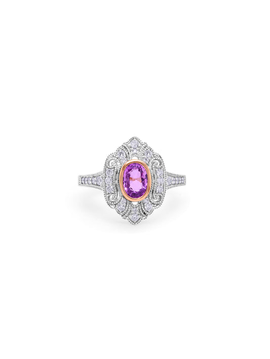 Pink Sapphire & Diamond Set Yellow Rose White Gold, S=1.11ct D=0.33ct.