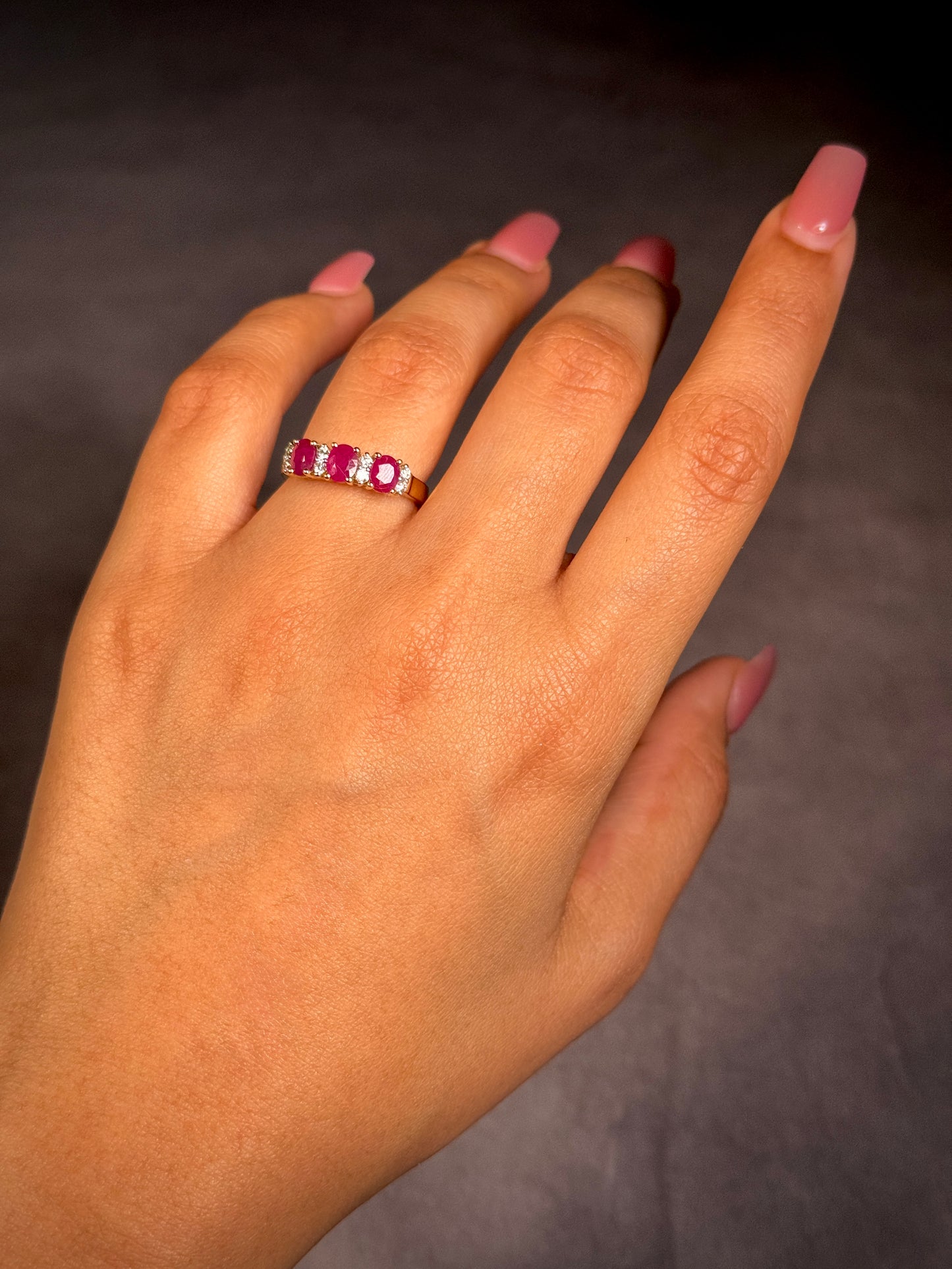 Natural Ruby And Diamond Set Trilogy Ring, 9K Yellow Gold