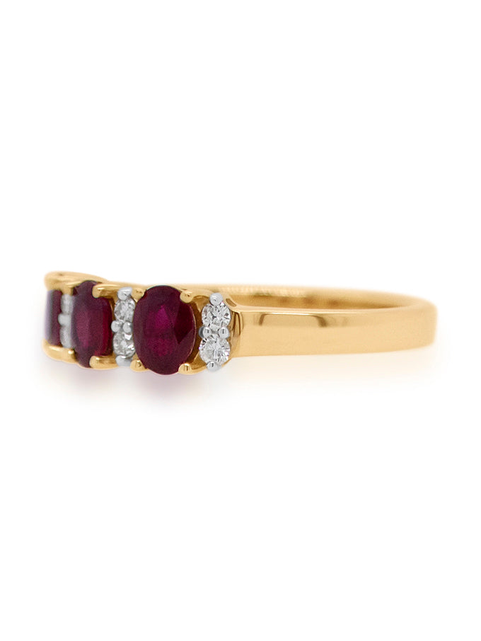 Natural Ruby And Diamond Set Trilogy Ring, 9K Yellow Gold