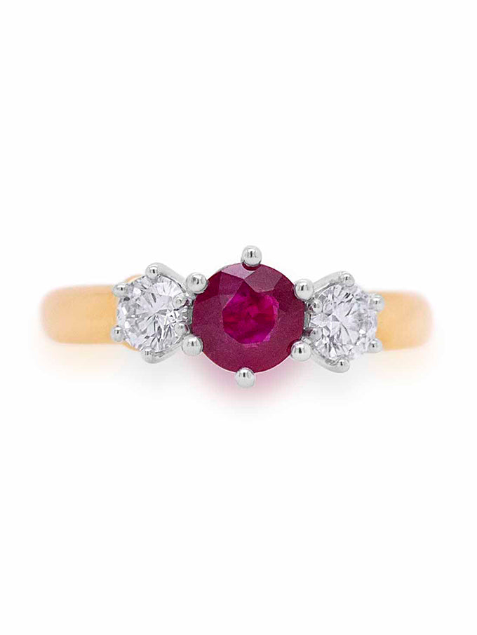 Lab Grown Diamonds 2=0.50ct & Natural 6mm Ruby ring, 18K Yellow Gold.