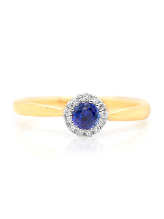 Round Sapphire & Diamond Set Halo Ring, 18K Yellow Gold.